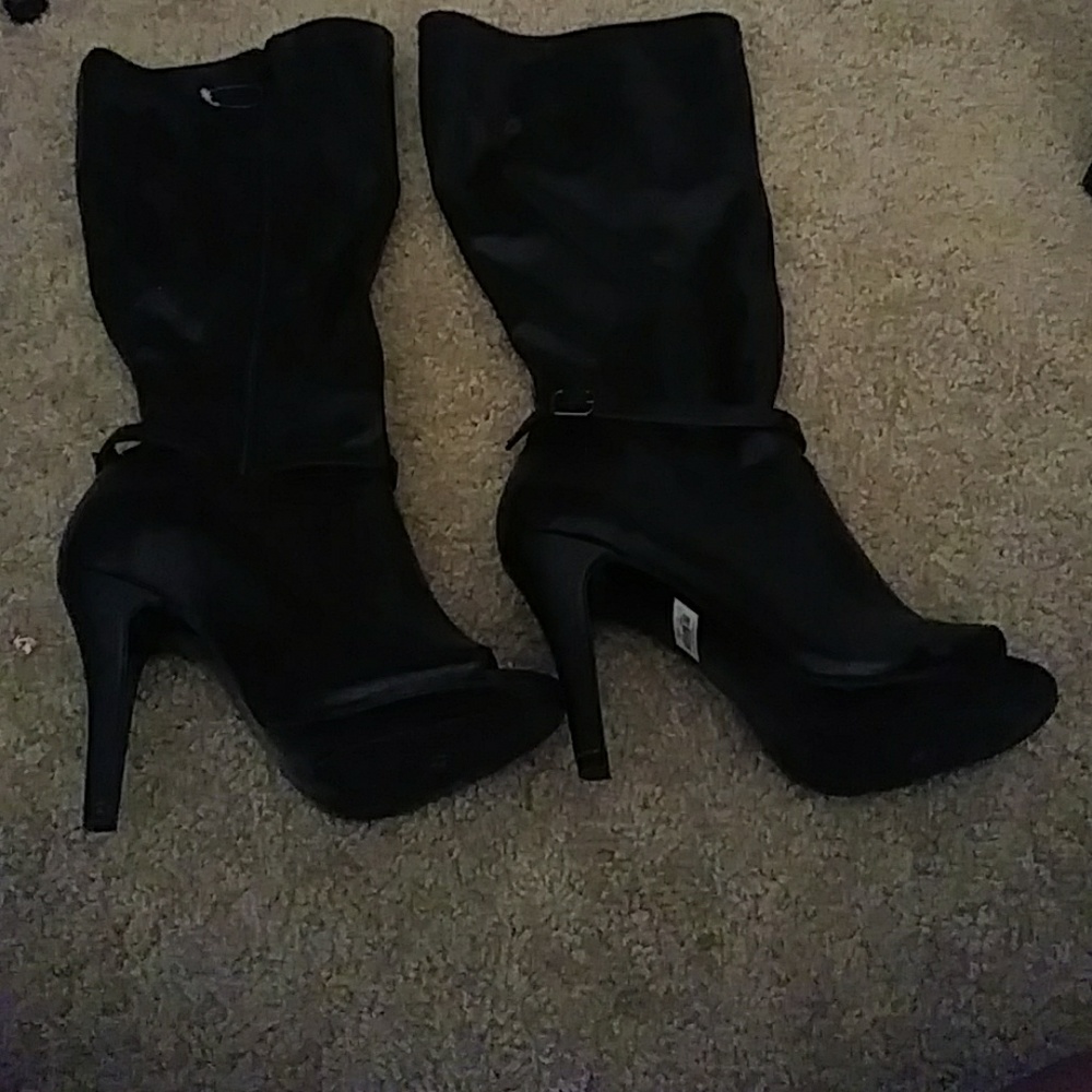 Tall black Faux leather peep toe boot